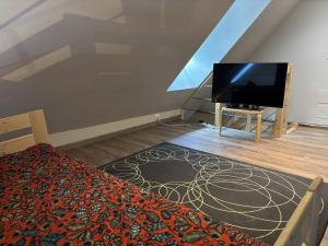 Televízia a/alebo spoločenská miestnosť v ubytovaní Maison moderne et chaleureuse au cœur du village avec mezzanine et poêle à bois - FR-1-548-26