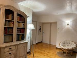 a living room with a book shelf and a lamp at Ferme Rénovée Vercors: Confort, Cheminée, Parking, Jardin Proche Pistes - FR-1-548-46 in Villard-de-Lans