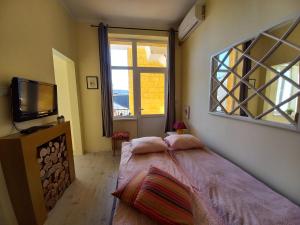 a bedroom with a bed and a tv and a window at Ergzotic Apartments & Room in Sombor