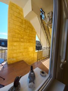 two birds sitting on a table in front of a window at Ergzotic Apartments & Room in Sombor