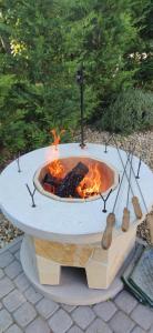 a fire pit in the middle of a patio at Bathy Ház in Tiszakécske