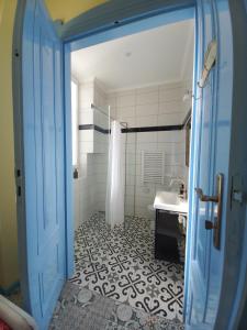 a bathroom with a shower and a white sink at Ergzotic Apartments & Room in Sombor