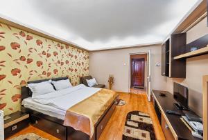 a bedroom with a bed and a flat screen tv at Danube Residence in Galaţi