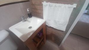 ein Badezimmer mit einem weißen Waschbecken und einer Dusche in der Unterkunft Harmonia suite de campo- Rincón de Afrodita in San Lorenzo + 30 Fotos