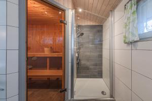 a shower with a glass door in a bathroom at Seeschwalbe 54 in Rechlin +13 photos