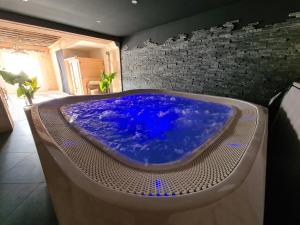 a large blue bath tub in a bathroom at Hôtel des arts- Gîte cinéma dans le Perche - Spa in Rémalard