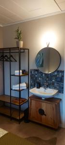 a bathroom with a sink and a mirror at The Cloudberry Hostel in Näsåker