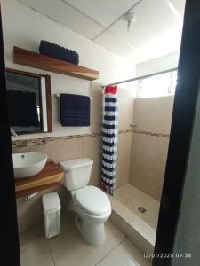 a bathroom with a toilet and a sink and a shower at La Ceja Beach House in El Tamarindo