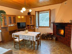 a dining room with a table and a fireplace at Casa Angiolino, angolo di pace vicino all'Orrido di Gea in Villa dʼAiano