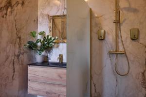 a bathroom with a sink and a shower with a mirror at Wellnessresort & Hotel De Valkenberg in Rheden
