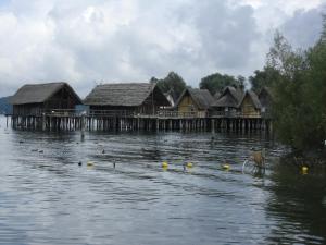 a group of houses on a dock in the water at Ferienwohnung am Bodensee in Uhldingen-Mühlhofen +22 photos