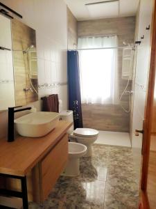 a bathroom with a sink and a toilet and a shower at Casa Rural La Bonica in Molinicos