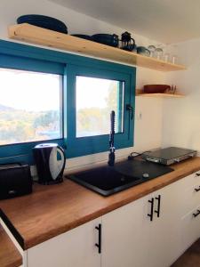 a kitchen with a sink and a window at Tiny Haus Komos in Pitsidia
