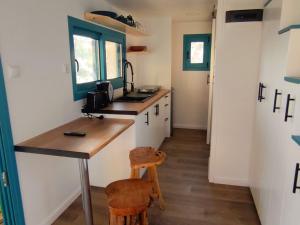a kitchen with a counter and two chairs in a room at Tiny Haus Komos in Pitsidia +13 photos