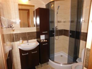 a bathroom with a sink toilet and a shower at Apartamenty Polańczyk in Polańczyk