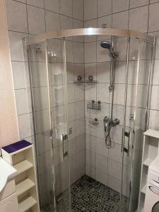 a shower with a glass door in a bathroom at Gîte La Bresse 7 personnes in La Bresse +44 photos