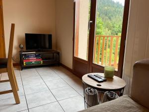 a living room with a tv and a coffee table at Gîte La Bresse 7 personnes in La Bresse