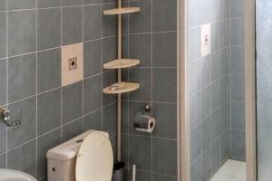 a bathroom with a toilet and a shower with shelves at Charming Apartment in Flic en Flac - 92 m² - Shared Pool in Flic-en-Flac +6 photos