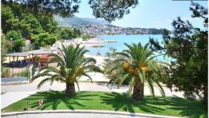 three palm trees sitting on a lawn near a beach at Villa De Luxe in Split