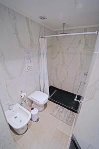 une salle de bains avec douche, toilettes et lavabo dans l'établissement NOR 404 - Departamento de categoría con hermosas vistas, à Ushuaia