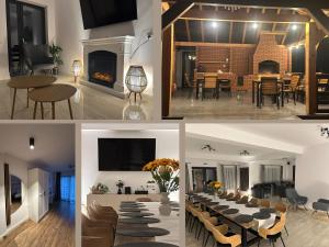 a collage of photos of a dining room and living room at Casa David Valea Avrigului in Avrig