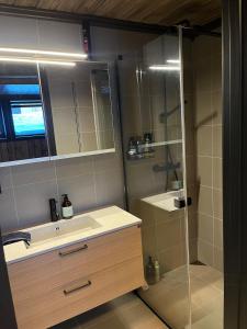 a bathroom with a sink and a shower at UNIQUE, Central Apartment at Geilo in Hol +12 photos