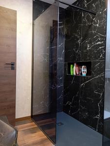 Un baño con ducha de mármol negro. en Julien House, en Prisaca Dornei