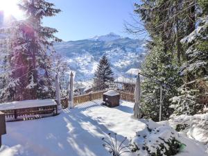 a snow covered walkway with a mountain in the background at Holiday Home Chalet Tannengüetli by Interhome in Grindelwald