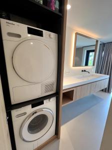 un bagno con lavatrice e lavandino di Guesthouse 'Elements' with panoramic views a Bergen