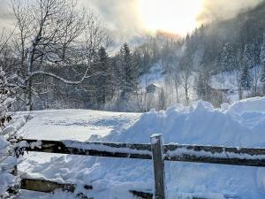 een hek bedekt met sneeuw met de zon op de achtergrond bij Apartment Chalet Solegg by Interhome in Innertkirchen