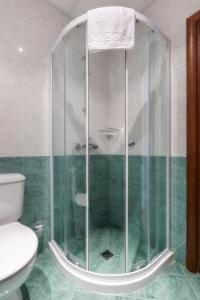 een glazen douche in een badkamer met toilet bij Pirin Sense Mountain Paradise Escape - SPA - Free Parking in Bansko +15 foto's