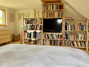 a bedroom with two book shelves filled with books at Cottage by the Jizera river in Nový Vestec