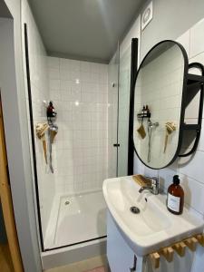 a bathroom with a sink and a shower with a mirror at Cottage by the Jizera river in Nový Vestec +27 photos