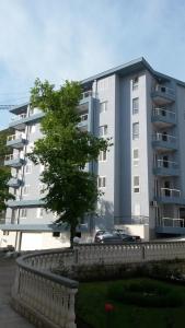 un grand bâtiment blanc avec un arbre en face dans l'établissement Apartments Becici, à Budva