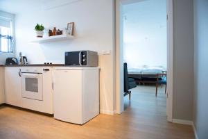 eine Küche mit einer Mikrowelle und einem Kühlschrank im Zimmer in der Unterkunft Natura Apartments in Laugar