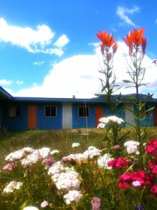 un bâtiment bleu avec des fleurs devant dans l'établissement Refugio Amelia, à Villa Maniguales