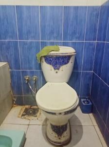 a dirty toilet in a blue tiled bathroom at The stunning of Ismailia's House in Ismailia +9 photos
