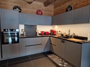 a kitchen with gray cabinets and a stove top oven at Chalet lumineux à Arêches-Beaufort avec terrasse et cuisine équipée - FR-1-342-332 in Beaufort +7 photos