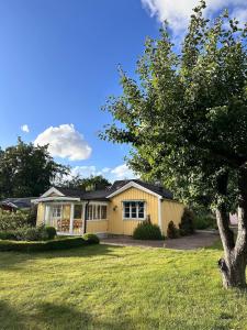 a yellow house with a tree in the yard at Casa del Amarel in Vejbystrand