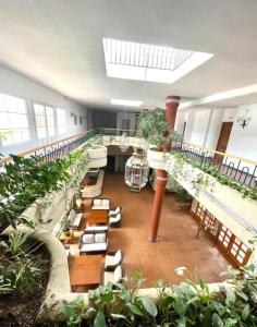 a large room with benches and tables and plants at Puente del Rey, El Rocio Deluxe in El Rocío