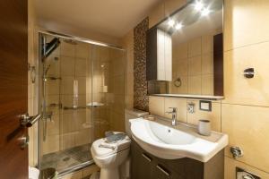 a bathroom with a sink and a toilet and a shower at Filotimo RoofGarden Green Apt in Heraklion