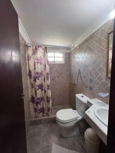 a bathroom with a toilet and a sink at CASA EN VALERIA DEL MAR Y PLAYA in Valeria del Mar