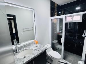 Un baño con lavabo, inodoro y ducha. en Hermosa casa moderna con piscina, en San Pedro Sula 26 fotos más