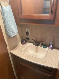 a bathroom counter with a sink and a mirror at Cozy Camper in Creal Springs +16 photos