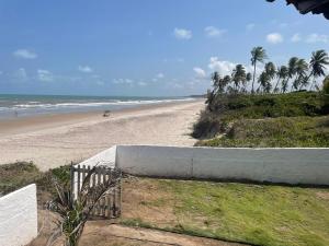a view of a beach with palm trees and the ocean at Flats a Beira-Mar Praia Di Campina in Rio Tinto