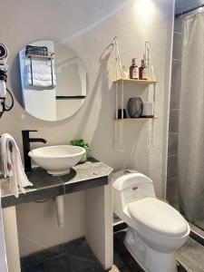 a bathroom with a toilet and a sink and a mirror at Encanto Taxqueño in Taxco de Alarcón +13 photos