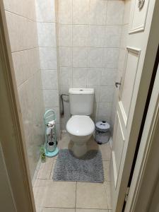 a small bathroom with a toilet and a rug at Cozy Apartment- Self Check- In in Riga +15 photos