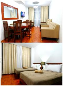 碧瑶Grandview Residences by Vilma-unit 204 near Burnham Park的一间卧室和一间带两张床及桌子的客厅