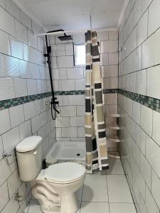 a bathroom with a toilet and a bath tub at Cómodo Departamento en Puerto Montt in Puerto Montt