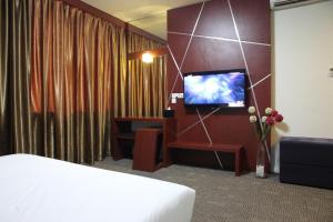 een hotelkamer met een bed en een flatscreen-tv bij D'Merlion Hotel in Bagam